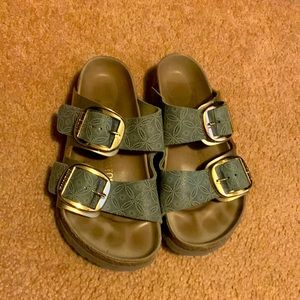 Birkenstocks, big buckle, blue medallion w/gold base. Women's size 4 US, 35 EUR.